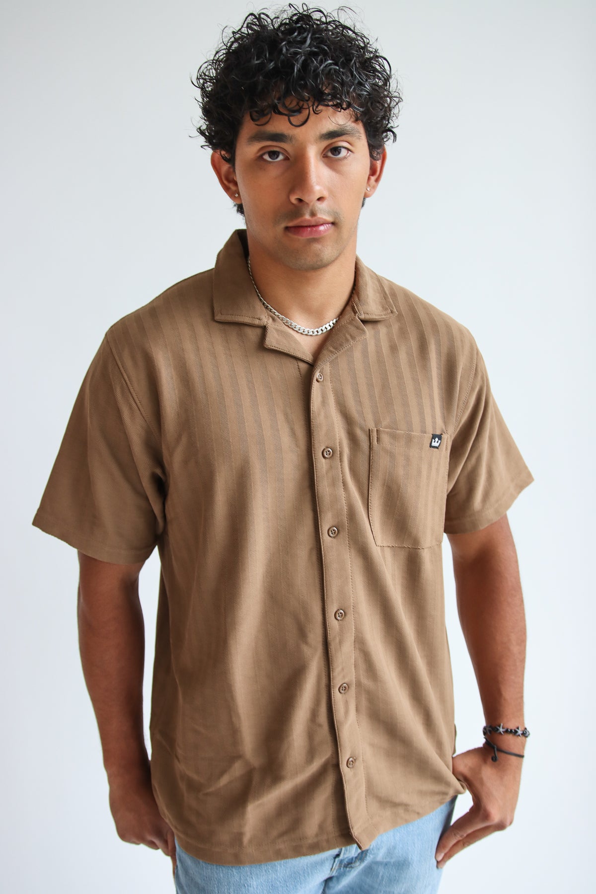 Micro Herringbone Knit Button Up Shirt Camel