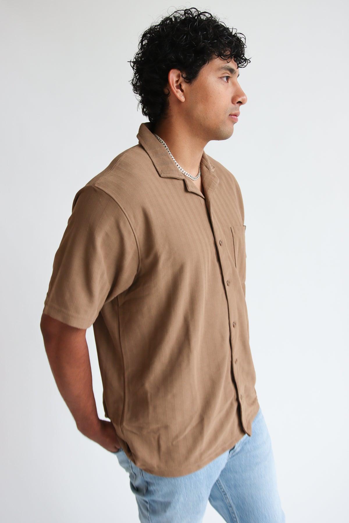 Micro Herringbone Knit Button Up Shirt Camel