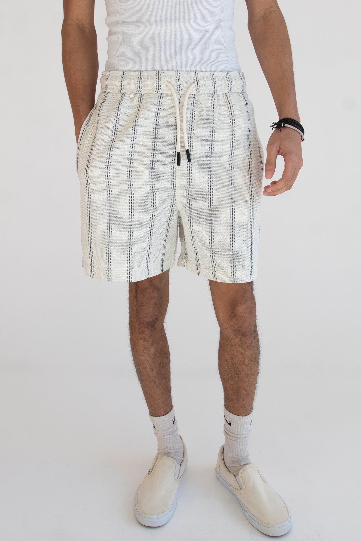 Black Striped Textured Woven Shorts