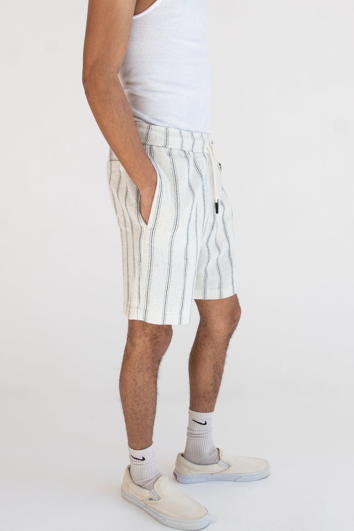 Black Striped Textured Woven Shorts