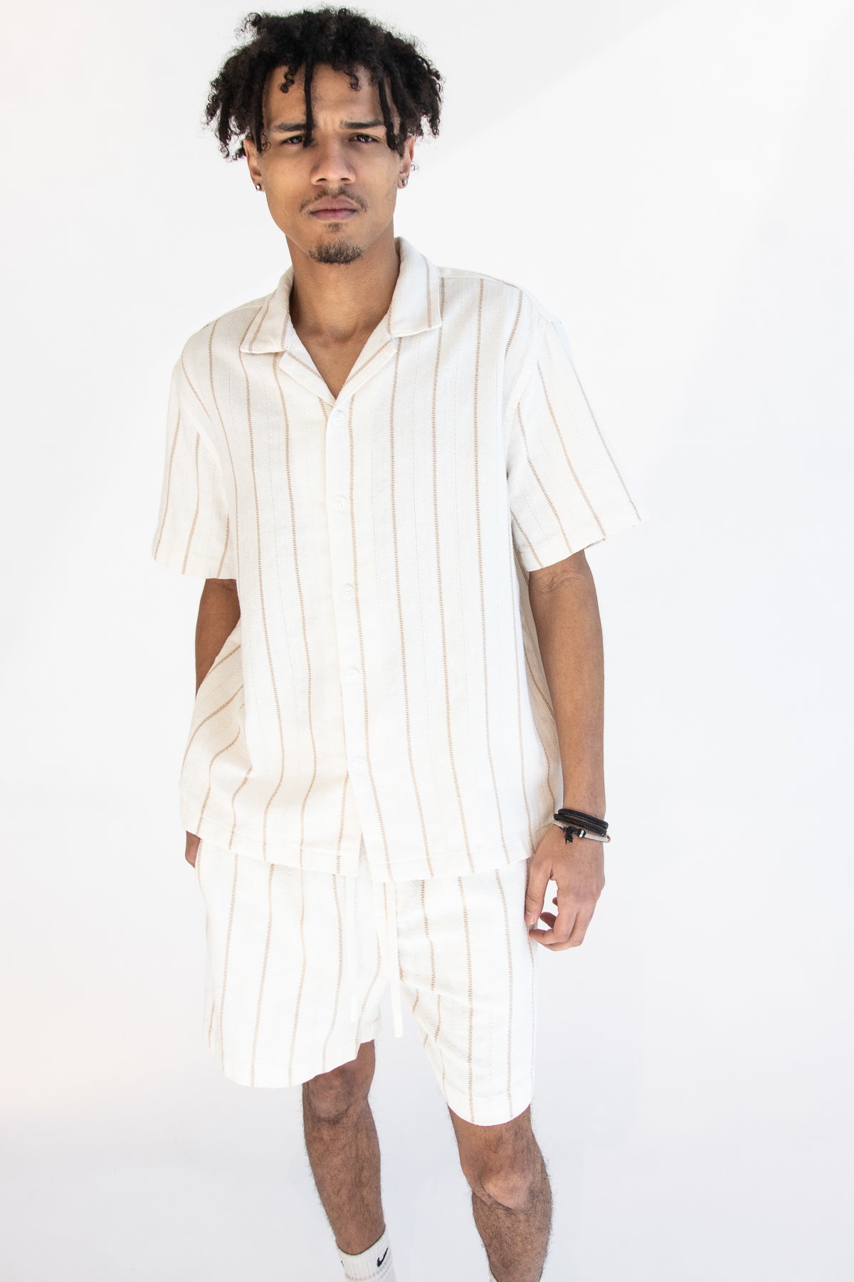 Khaki & White Striped Textured Shorts