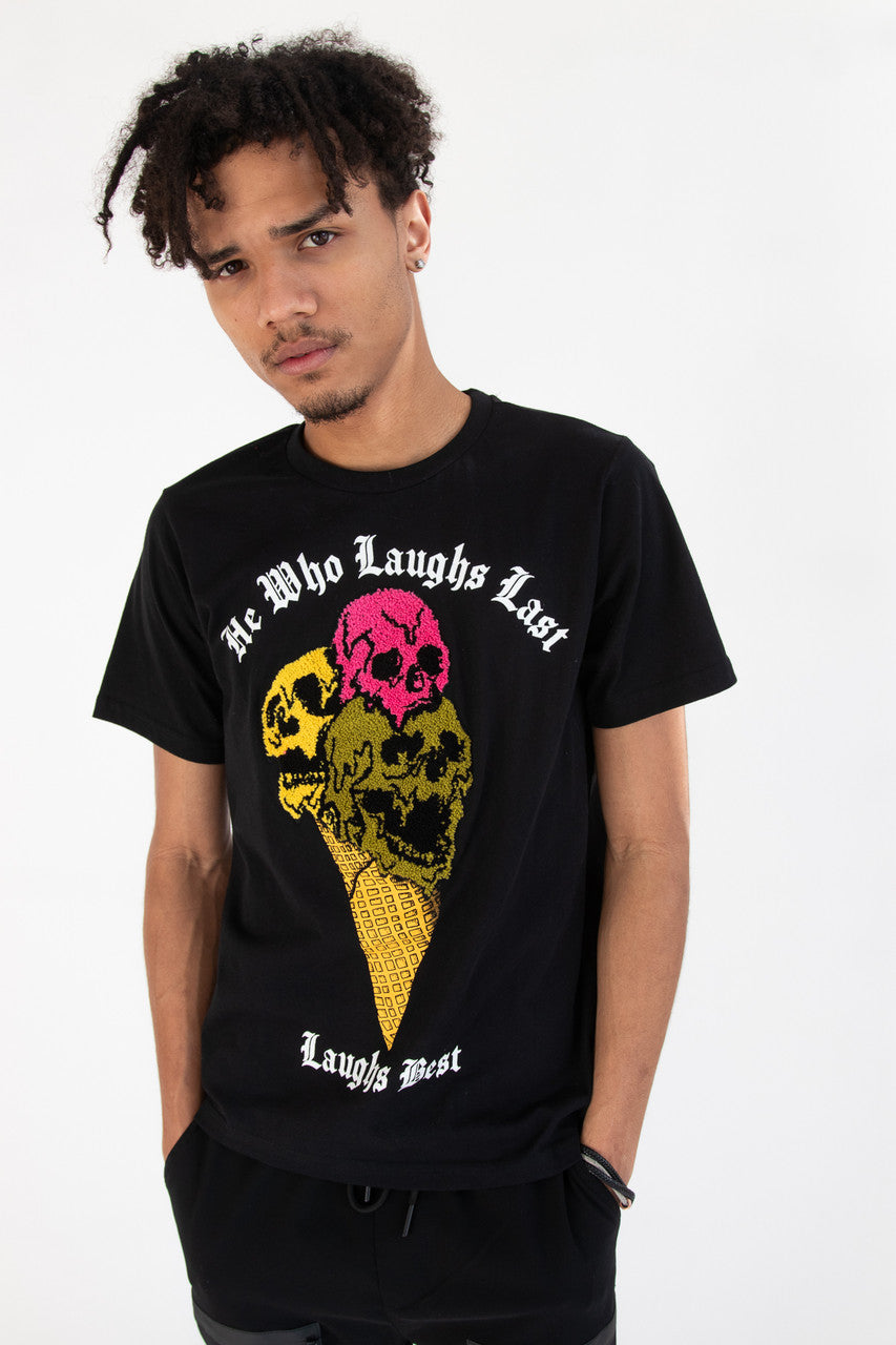 Laughing Skulls Tufted Applique T-Shirt