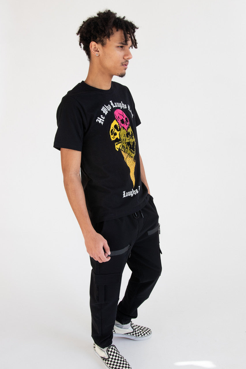 Laughing Skulls Tufted Applique T-Shirt