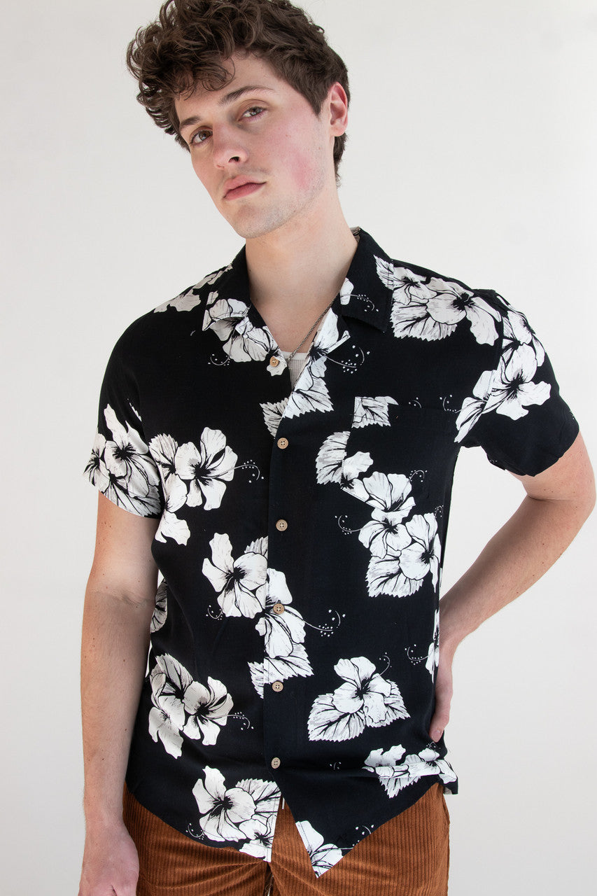 Hibiscus Black & White Hawaiian Shirt