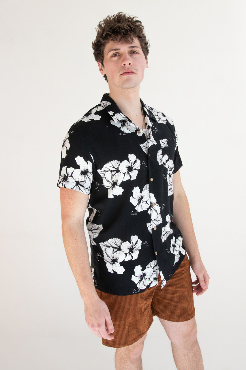 Hibiscus Black & White Hawaiian Shirt