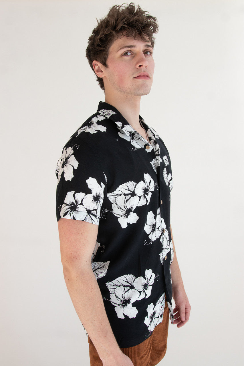 Hibiscus Black & White Hawaiian Shirt