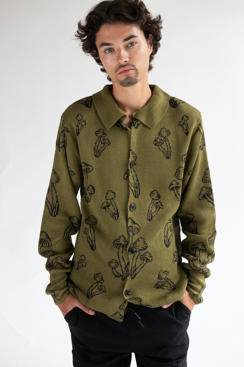 Olive Mushrooms Collared Cardigan