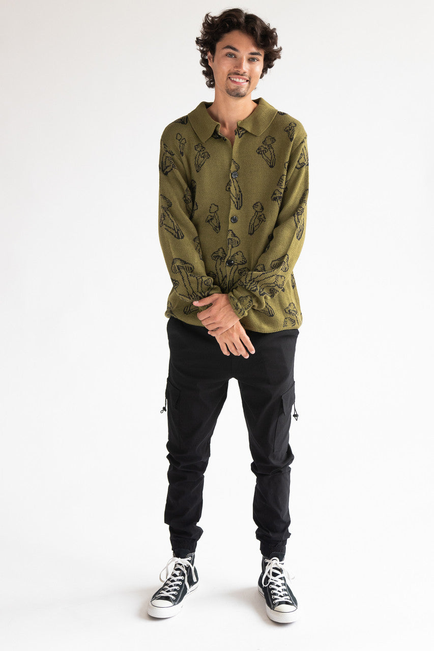 Olive Mushrooms Collared Cardigan