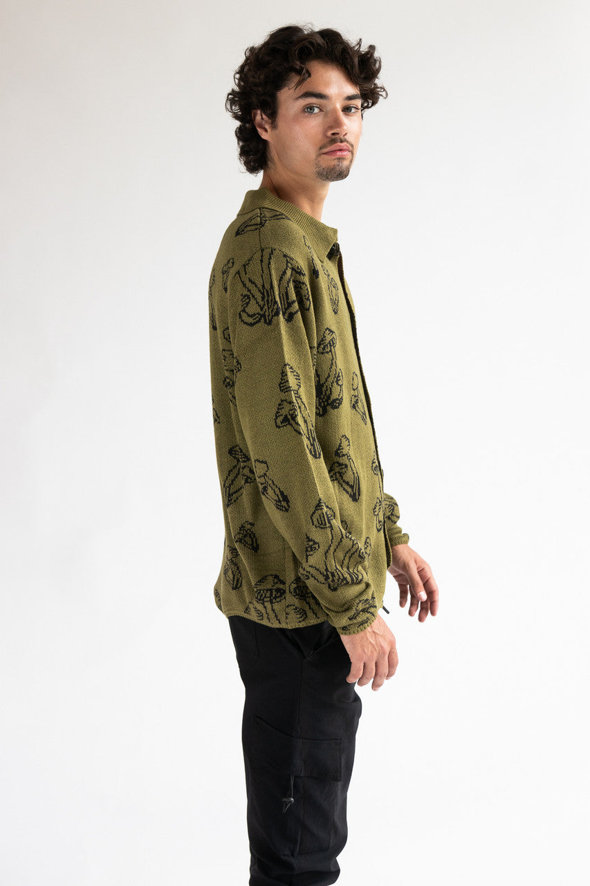 Olive Mushrooms Collared Cardigan