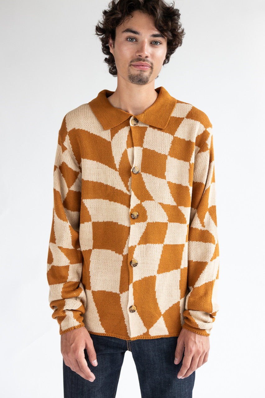 Butterscotch Checkered Collared Cardigan