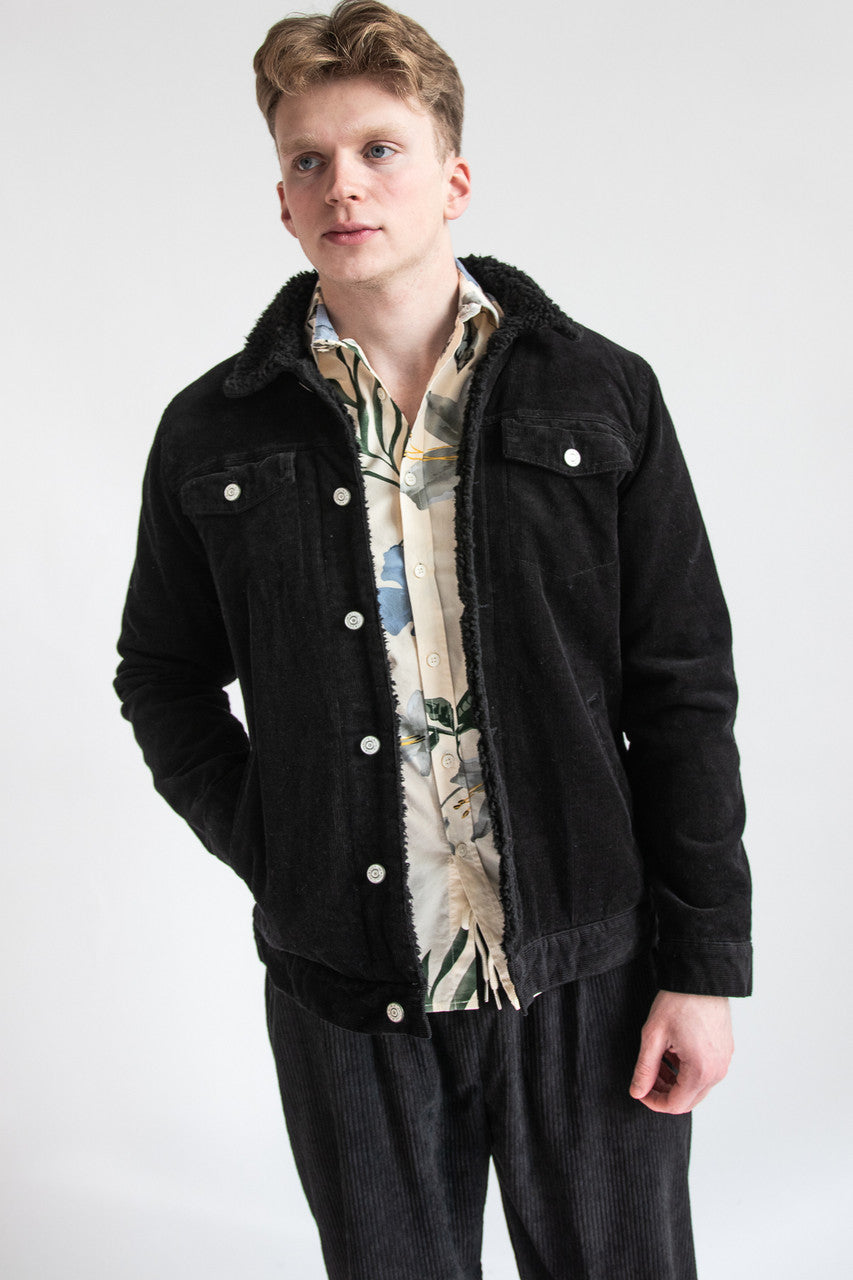 Black Sherpa Lined Corduroy Trucker Jacket