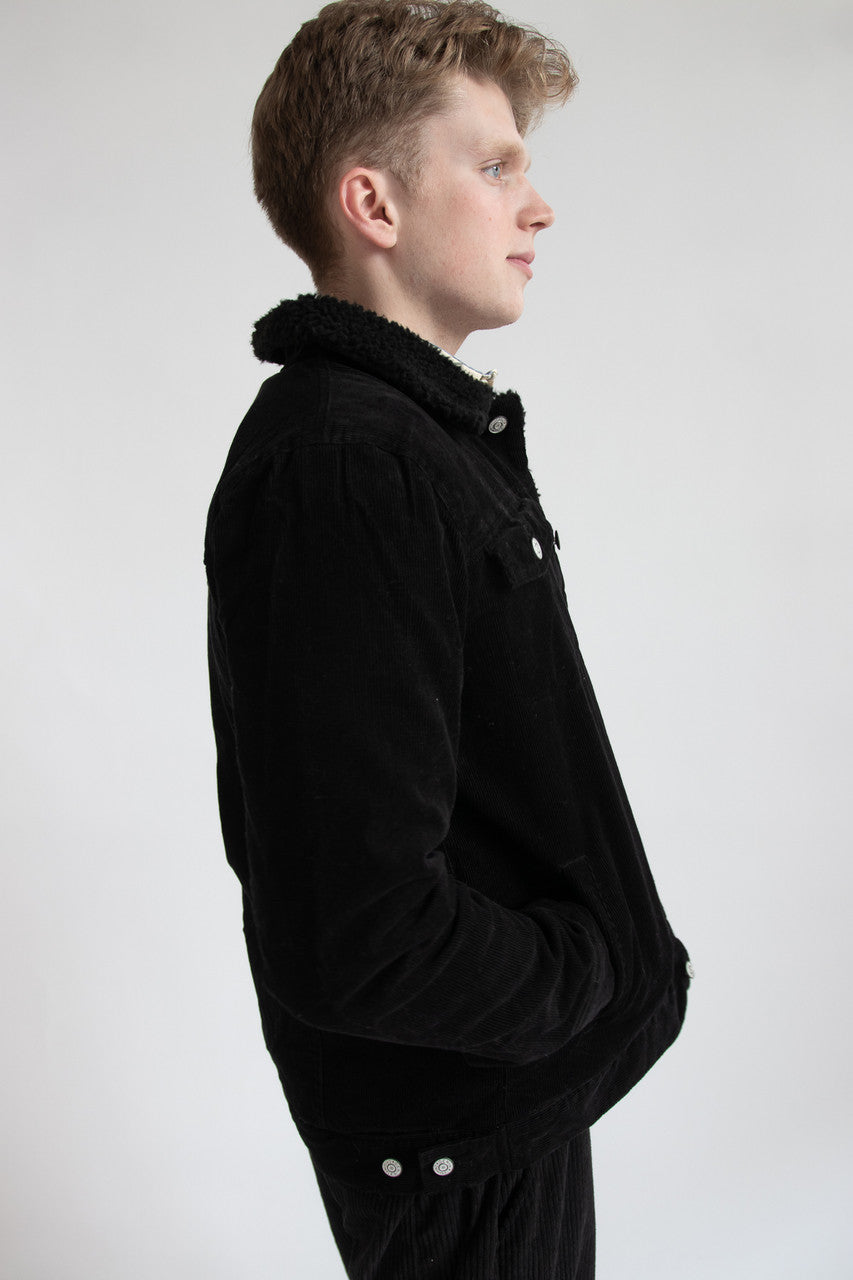 Black Sherpa Lined Corduroy Trucker Jacket