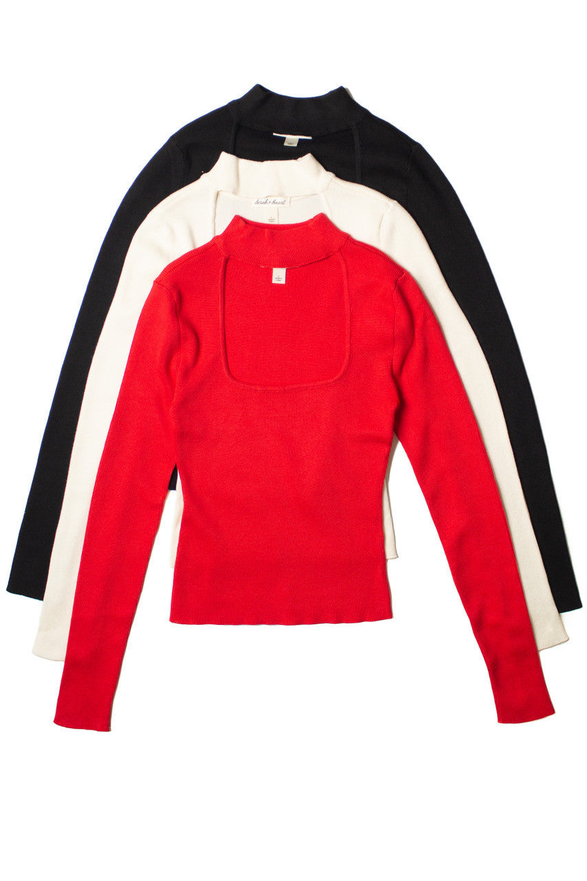 Red Ribbed Mock Neck Cut Out Sweater