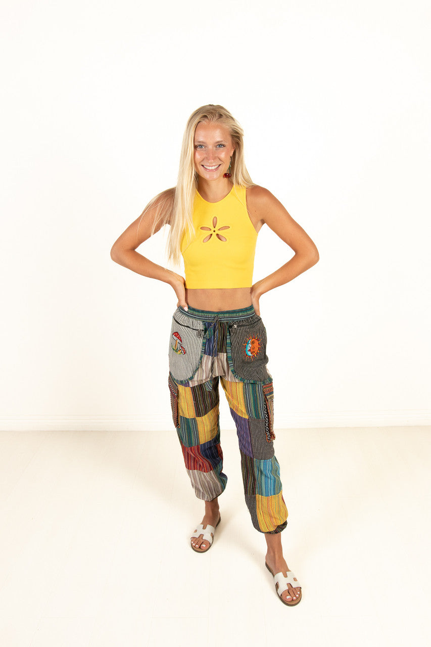 Cargo Embroidered Patchwork Pants