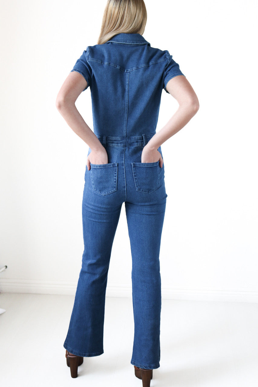 Denim Flare Snap Up Jumpsuit