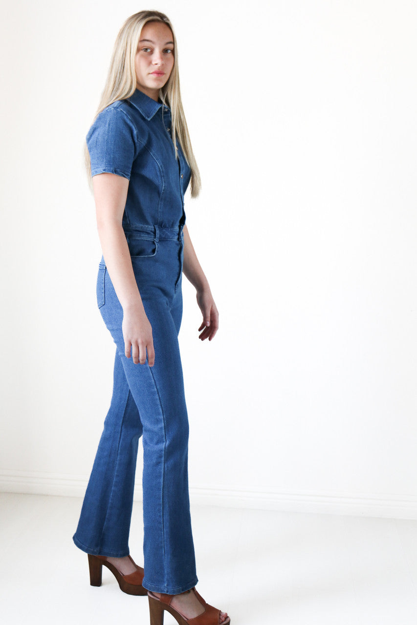 Denim Flare Snap Up Jumpsuit