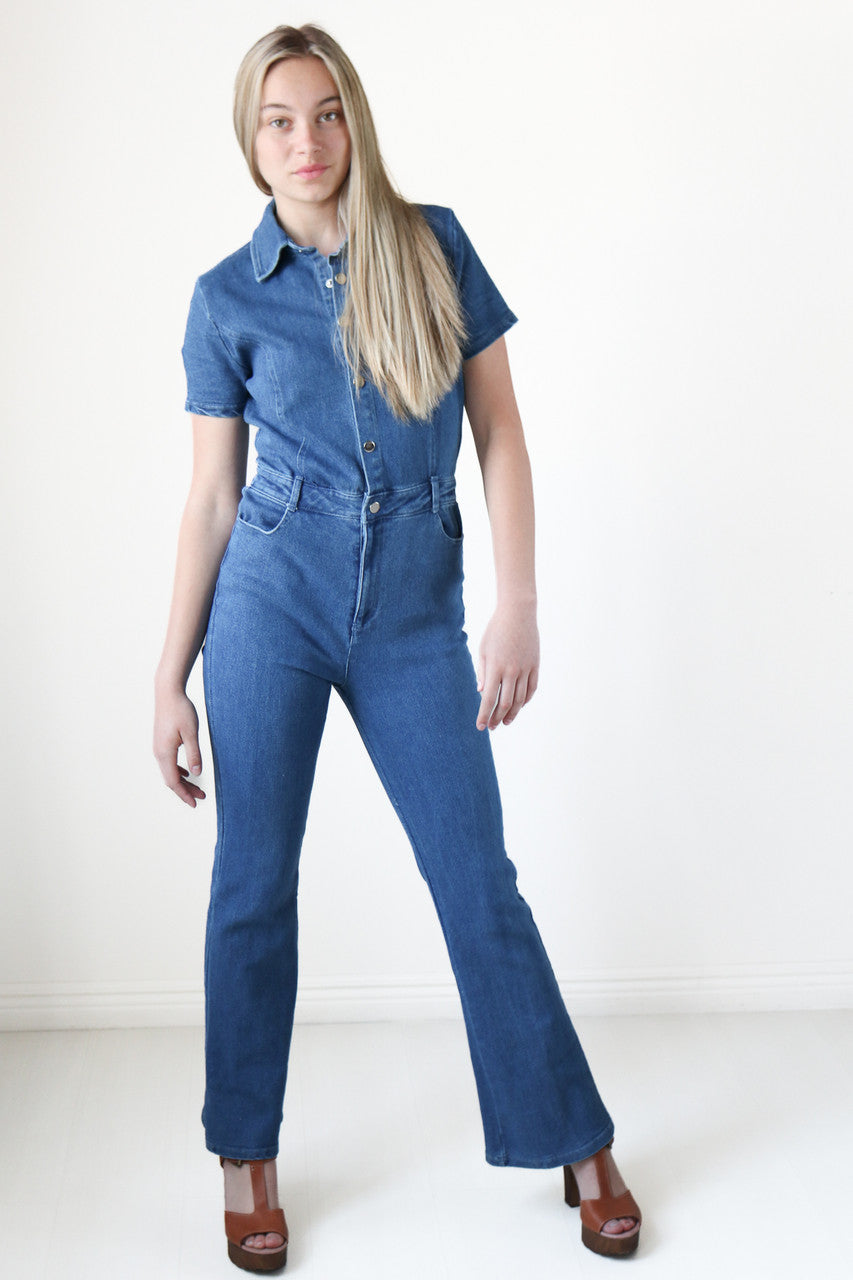 Denim Flare Snap Up Jumpsuit