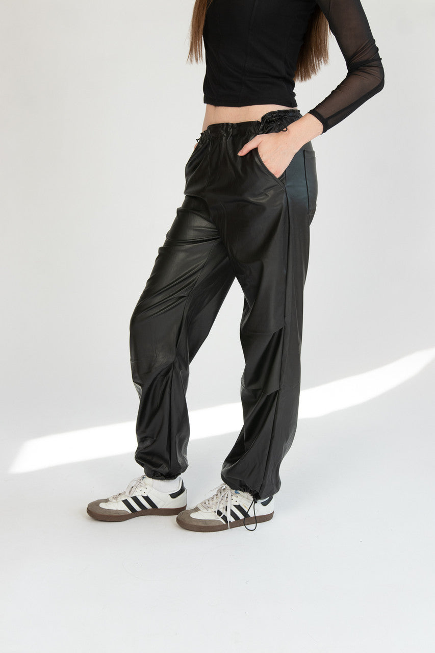 Pleather Drawstring Parachute Pants
