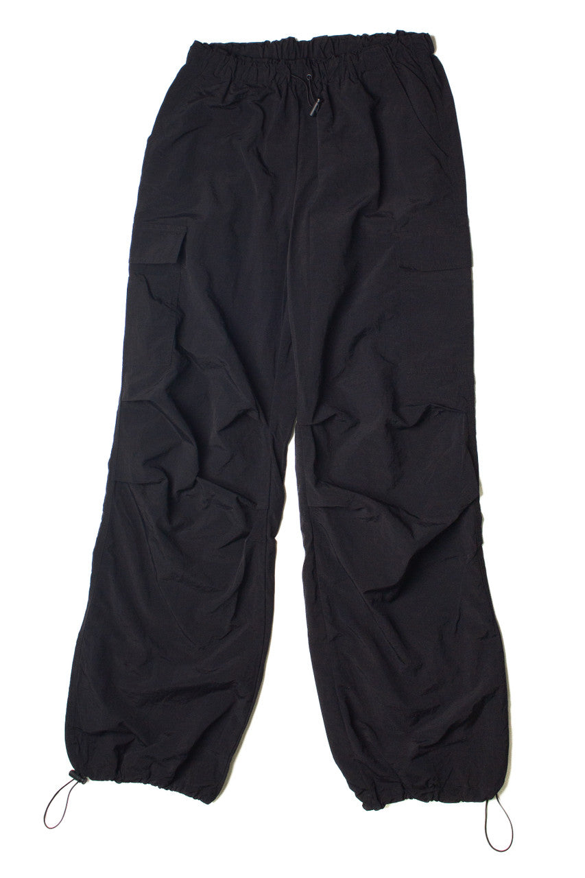 Black Drawstring Cargo Parachute Pants