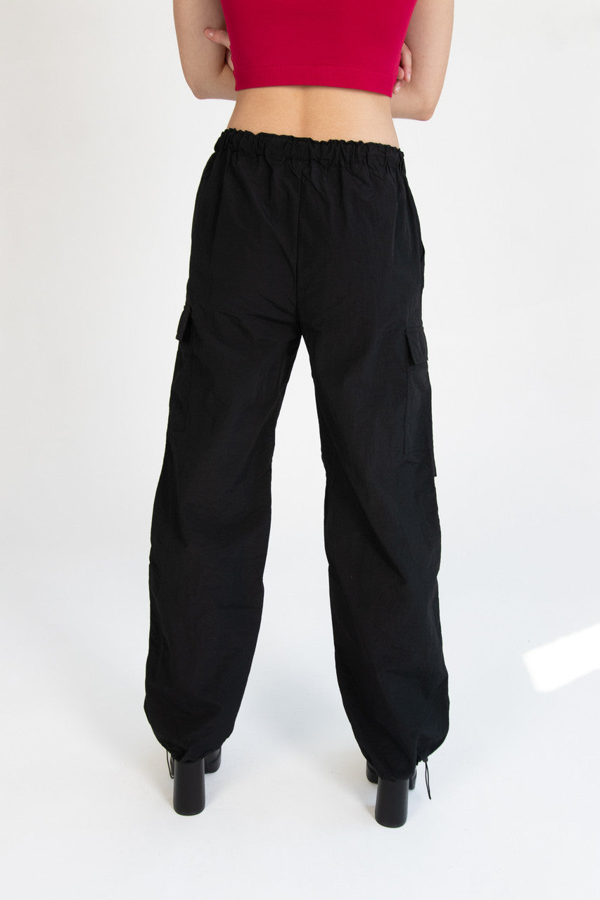 Black Drawstring Cargo Parachute Pants