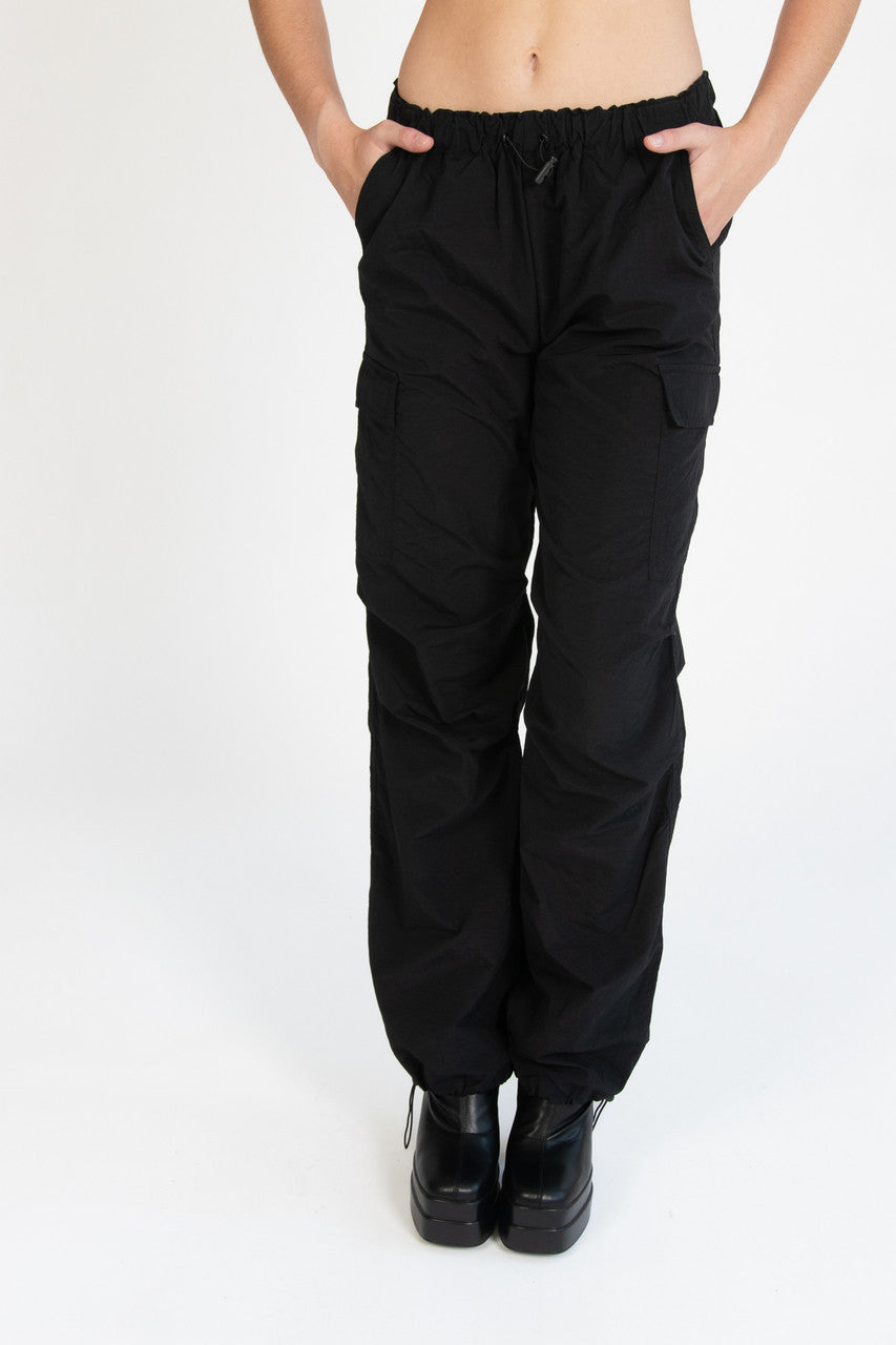 Black Drawstring Cargo Parachute Pants