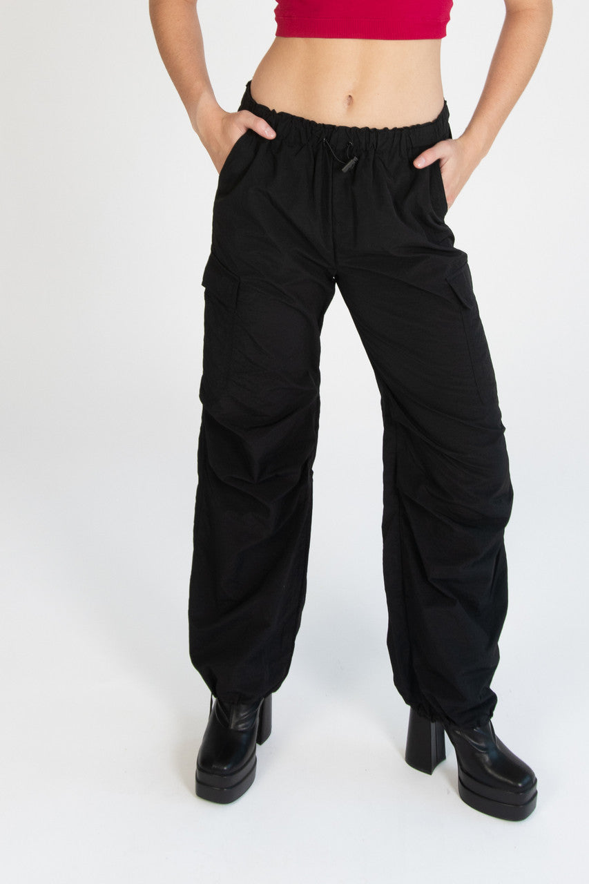 Black Drawstring Cargo Parachute Pants