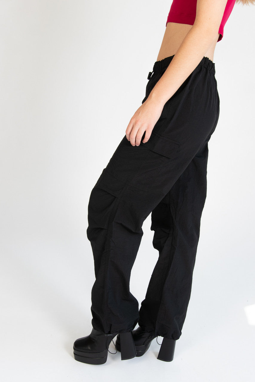 Black Drawstring Cargo Parachute Pants