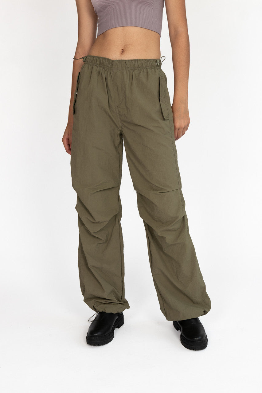 Olive Drawstring Cargo Parachute Pants