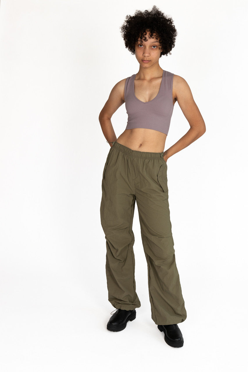 Olive Drawstring Cargo Parachute Pants