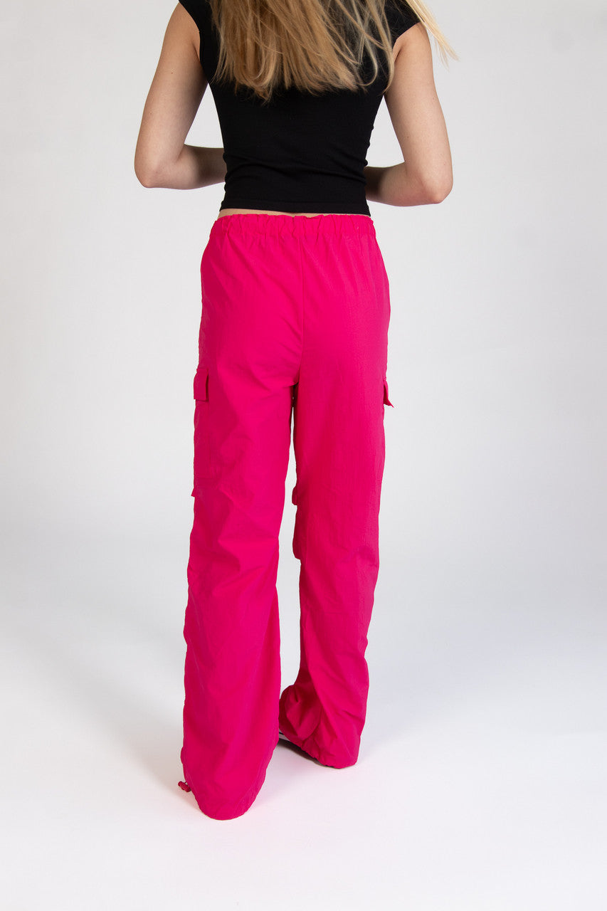 Hot Pink Drawstring Cargo Parachute Pants