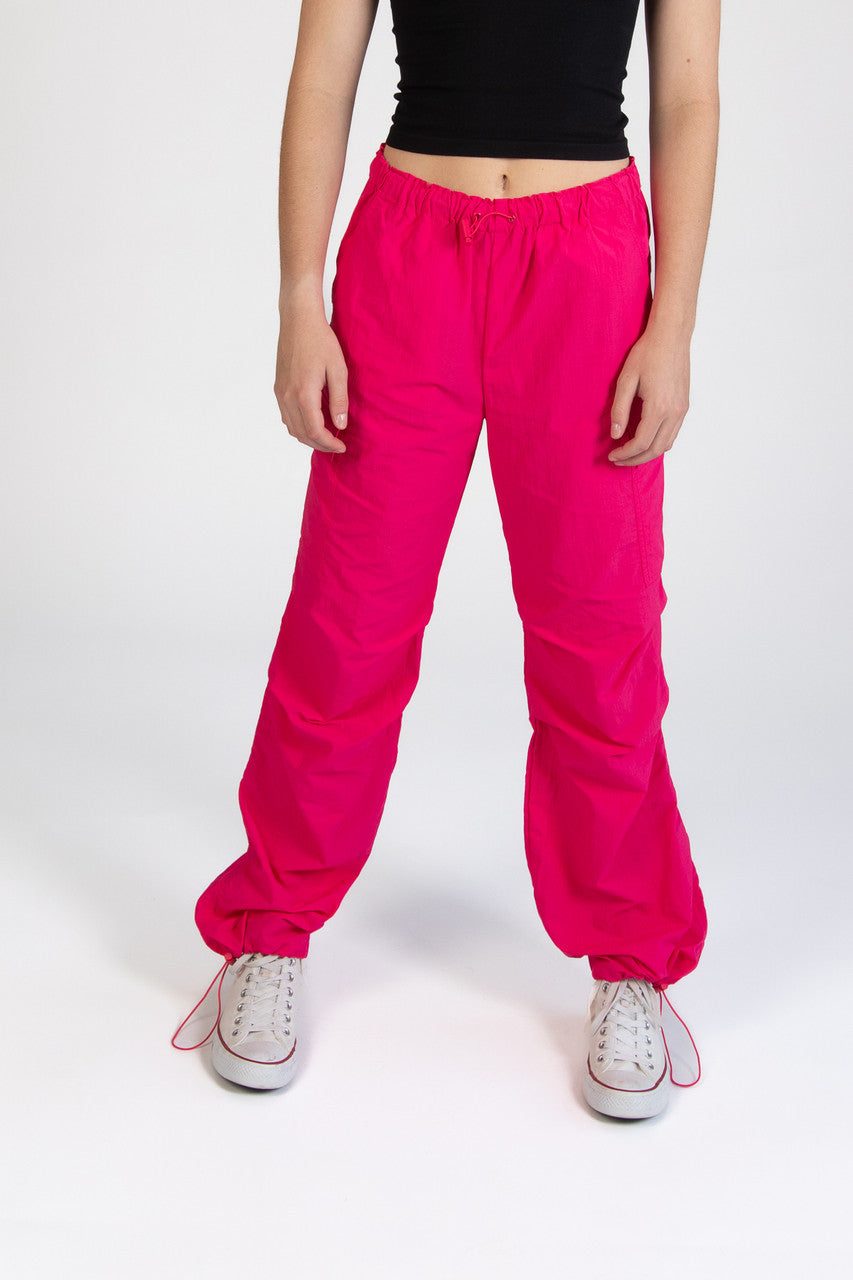 Hot Pink Drawstring Cargo Parachute Pants
