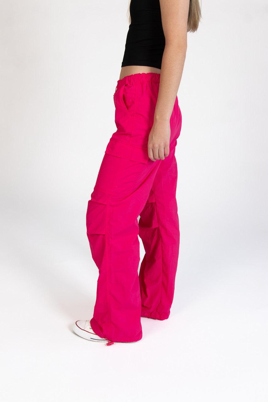 Hot Pink Drawstring Cargo Parachute Pants