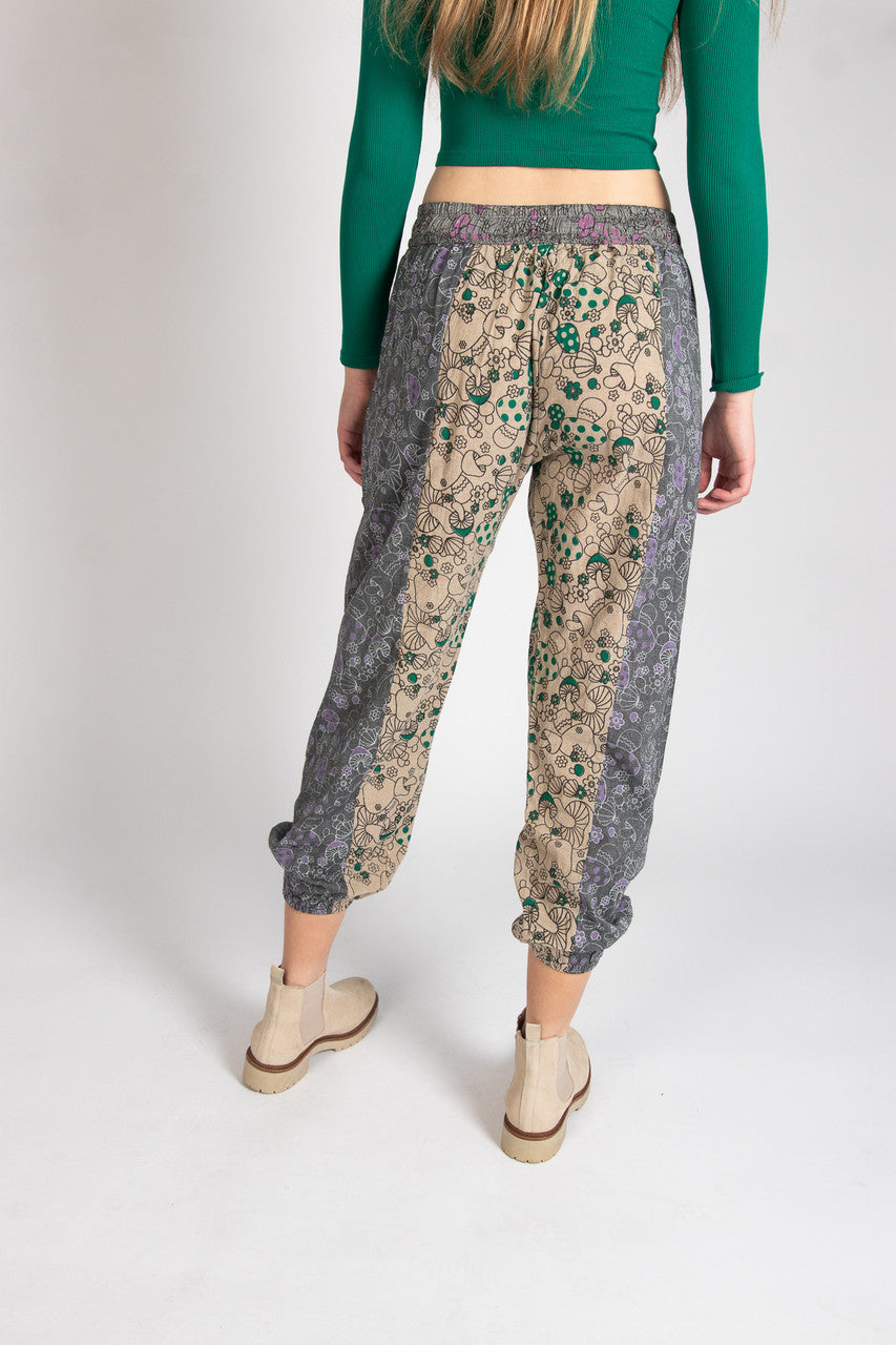 Gray Mushroom Floral Patchwork Joggers
