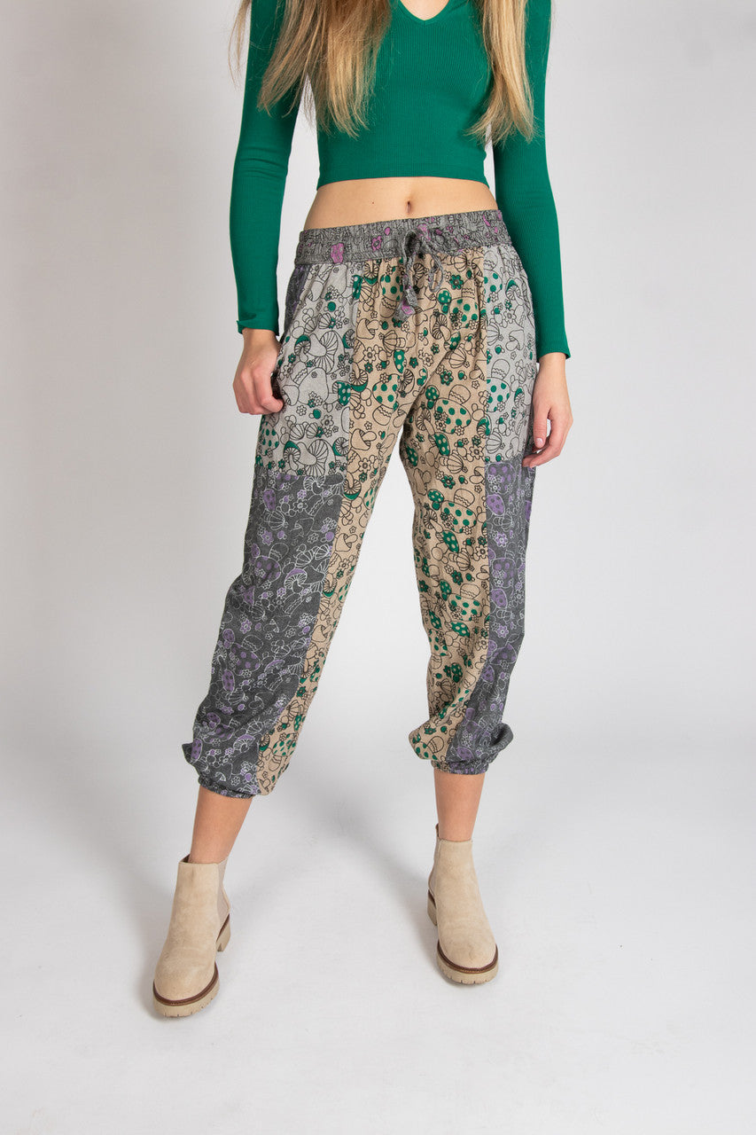 Gray Mushroom Floral Patchwork Joggers