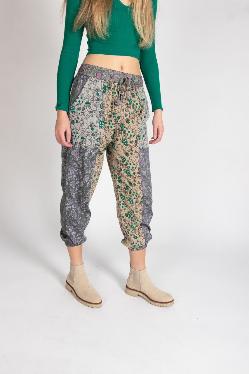 Gray Mushroom Floral Patchwork Joggers