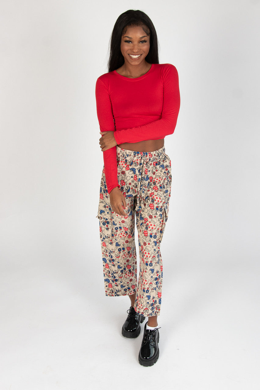 Red & Blue Mushroom Floral Cargo Pants