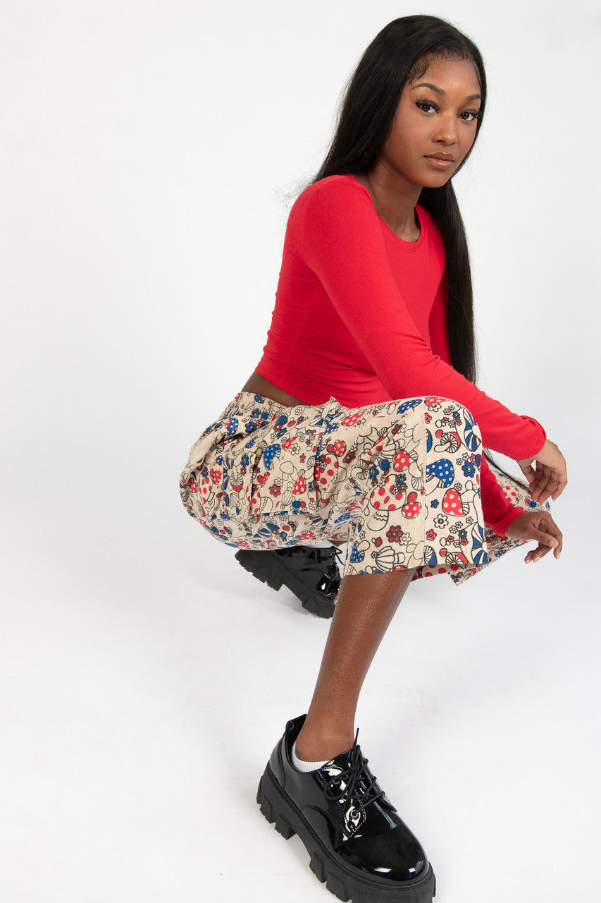 Red & Blue Mushroom Floral Cargo Pants
