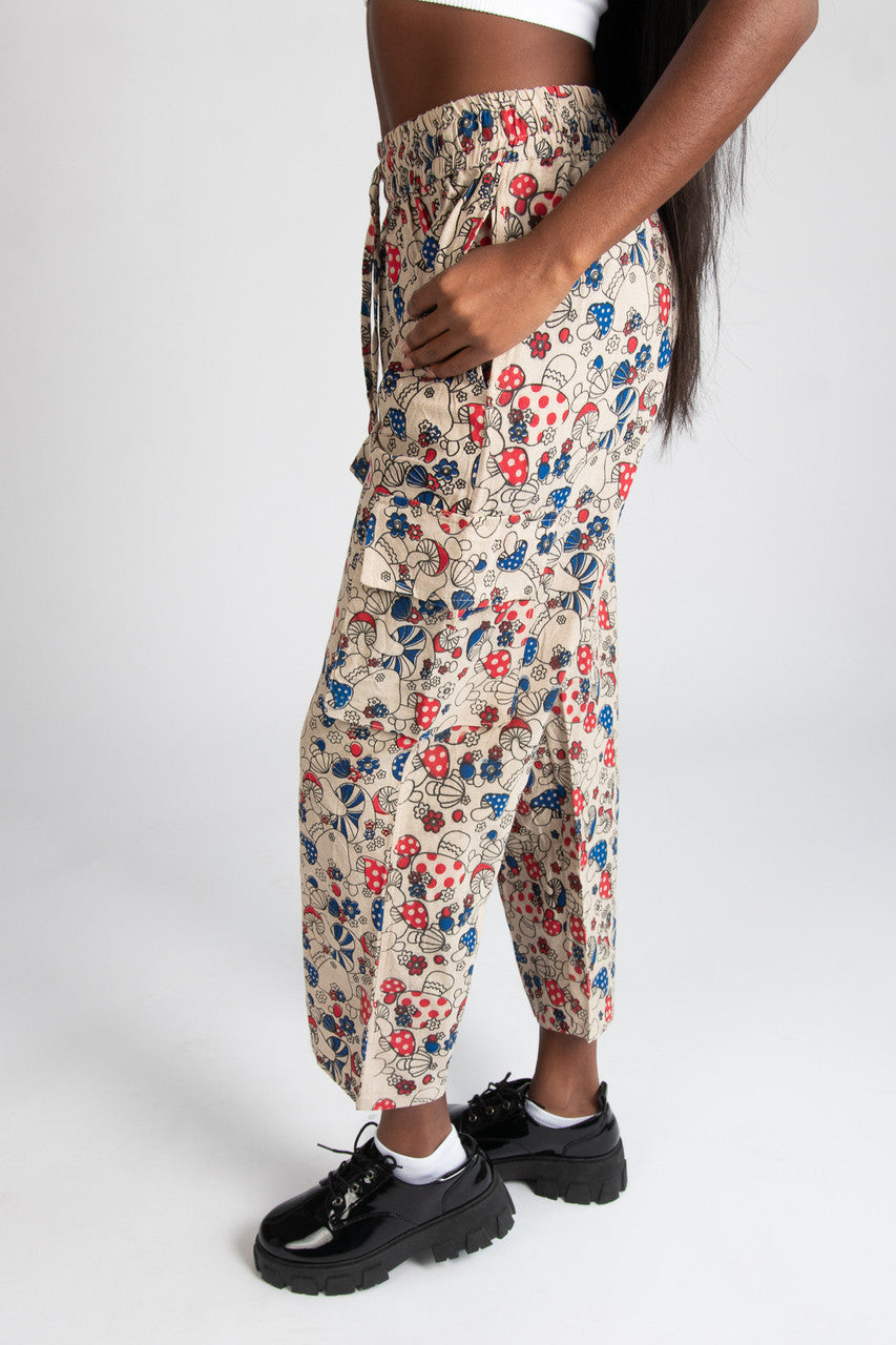 Red & Blue Mushroom Floral Cargo Pants