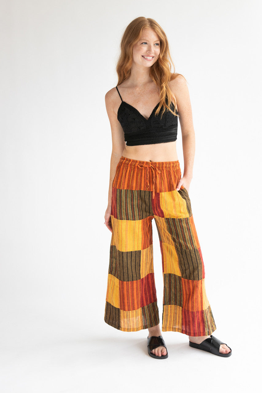 Orange Striped Wide Leg Patchwork Pants