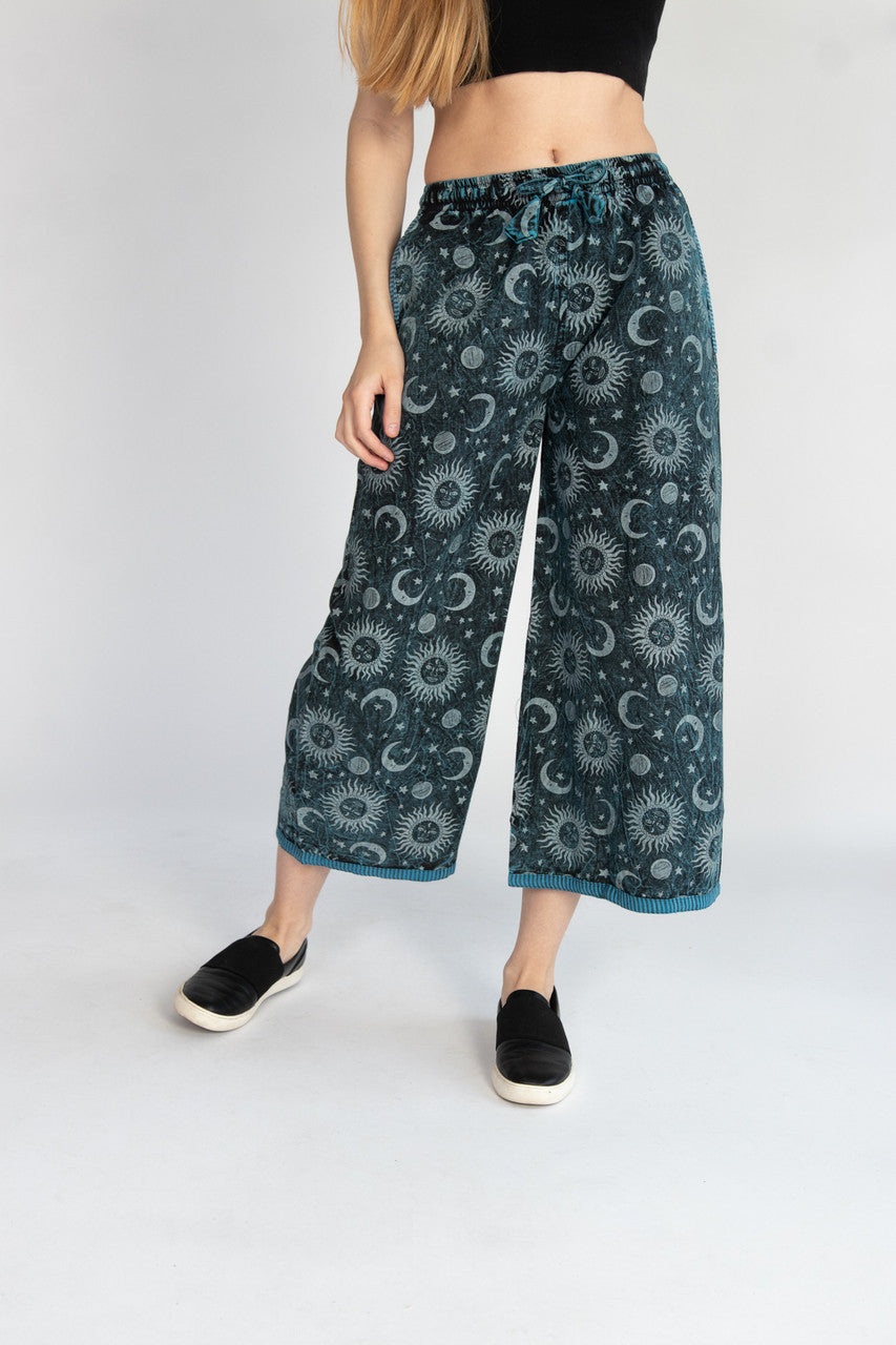 Striped Trim Wide Leg Celestial Print Pants