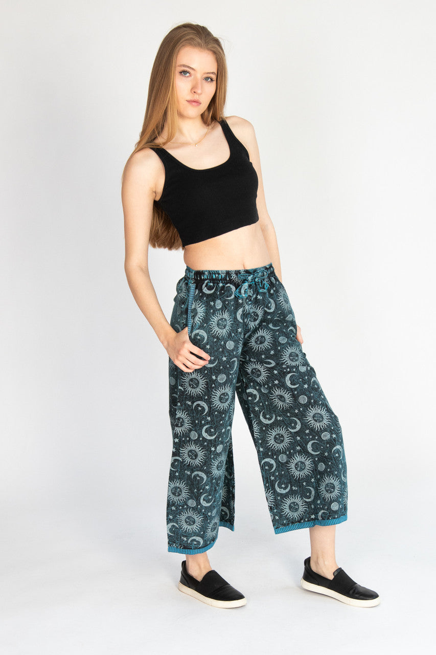 Striped Trim Wide Leg Celestial Print Pants