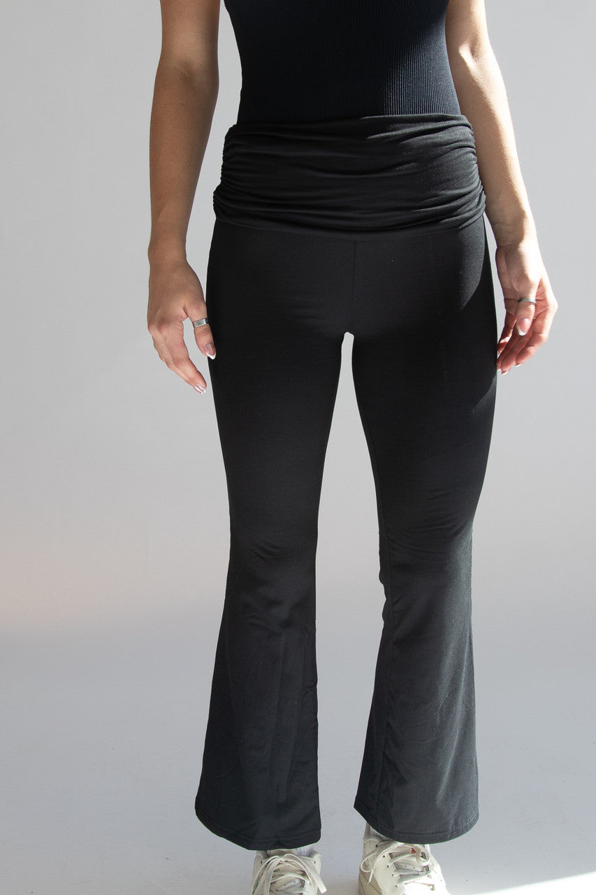 Fold Over Ruched Waistband Flare Leggings