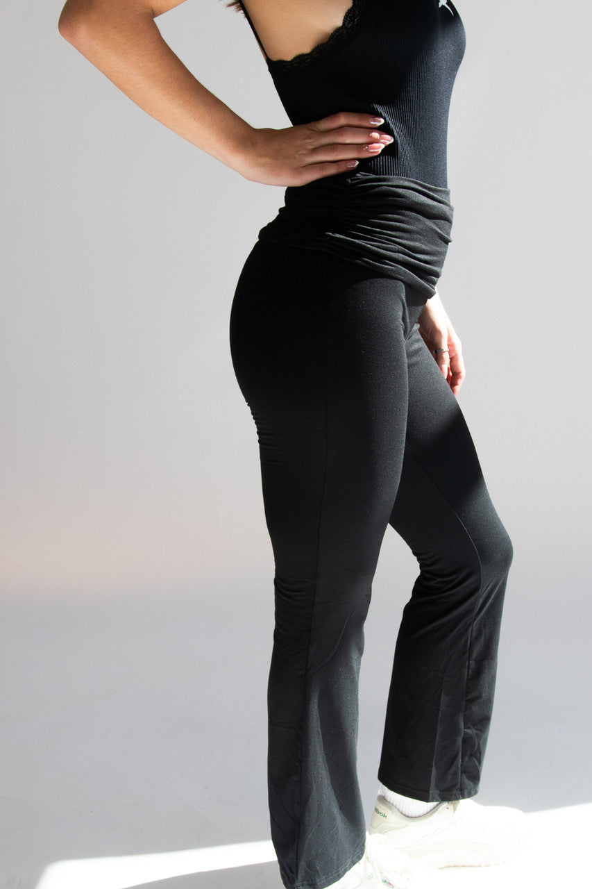 Fold Over Ruched Waistband Flare Leggings