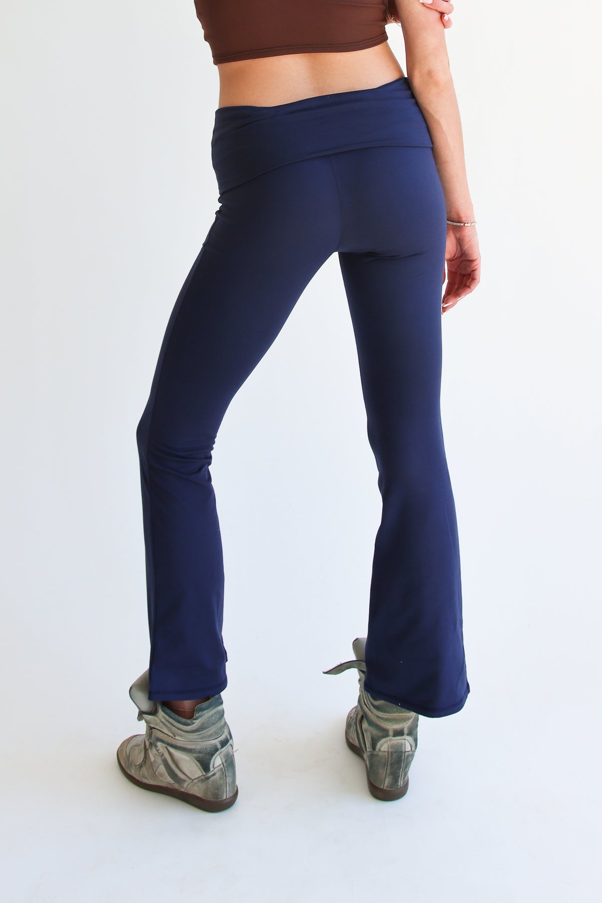 Fold Over Fleece Lined Flare Leggings Navy