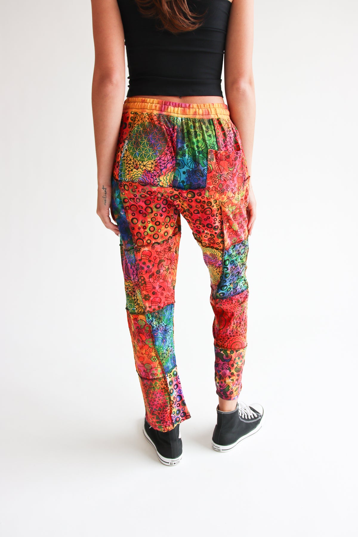 Tie Dye Patchwork Mushroom Print Tie Waist Pants