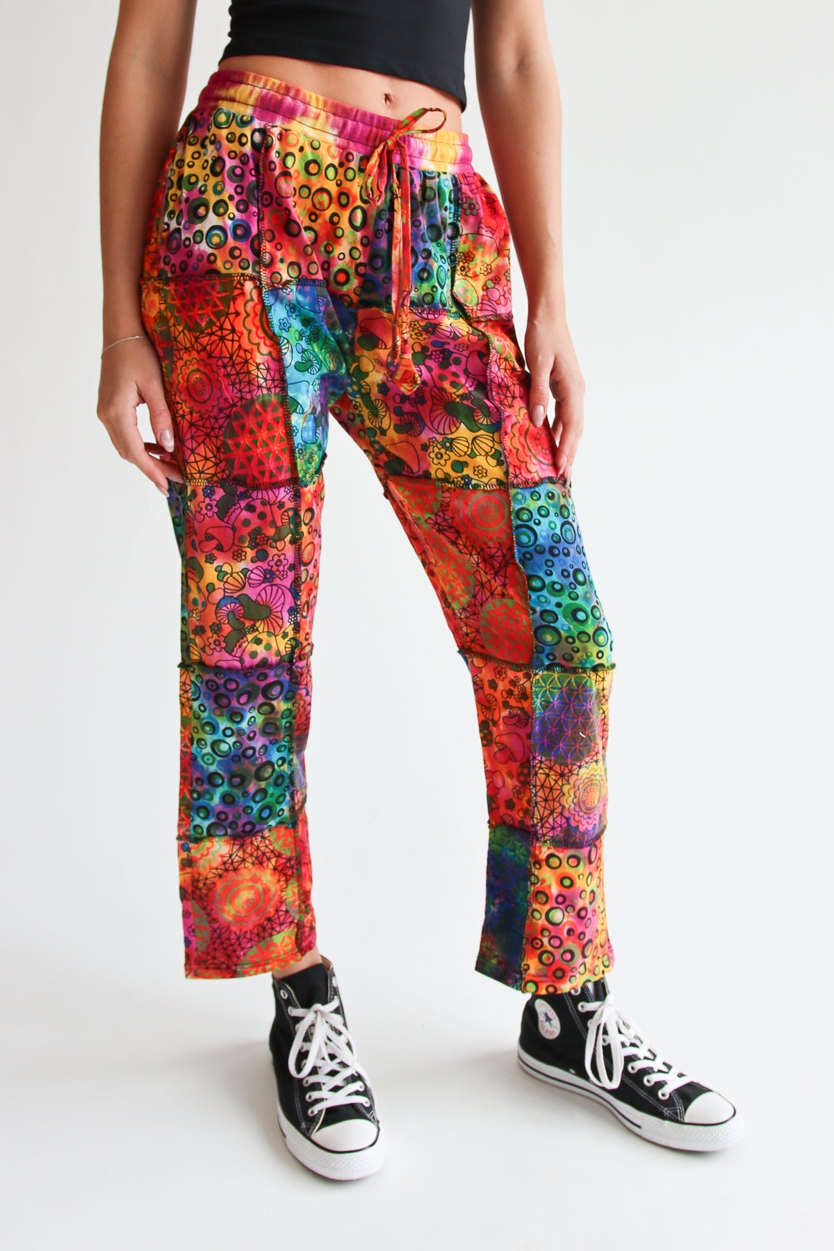 Tie Dye Patchwork Mushroom Print Tie Waist Pants