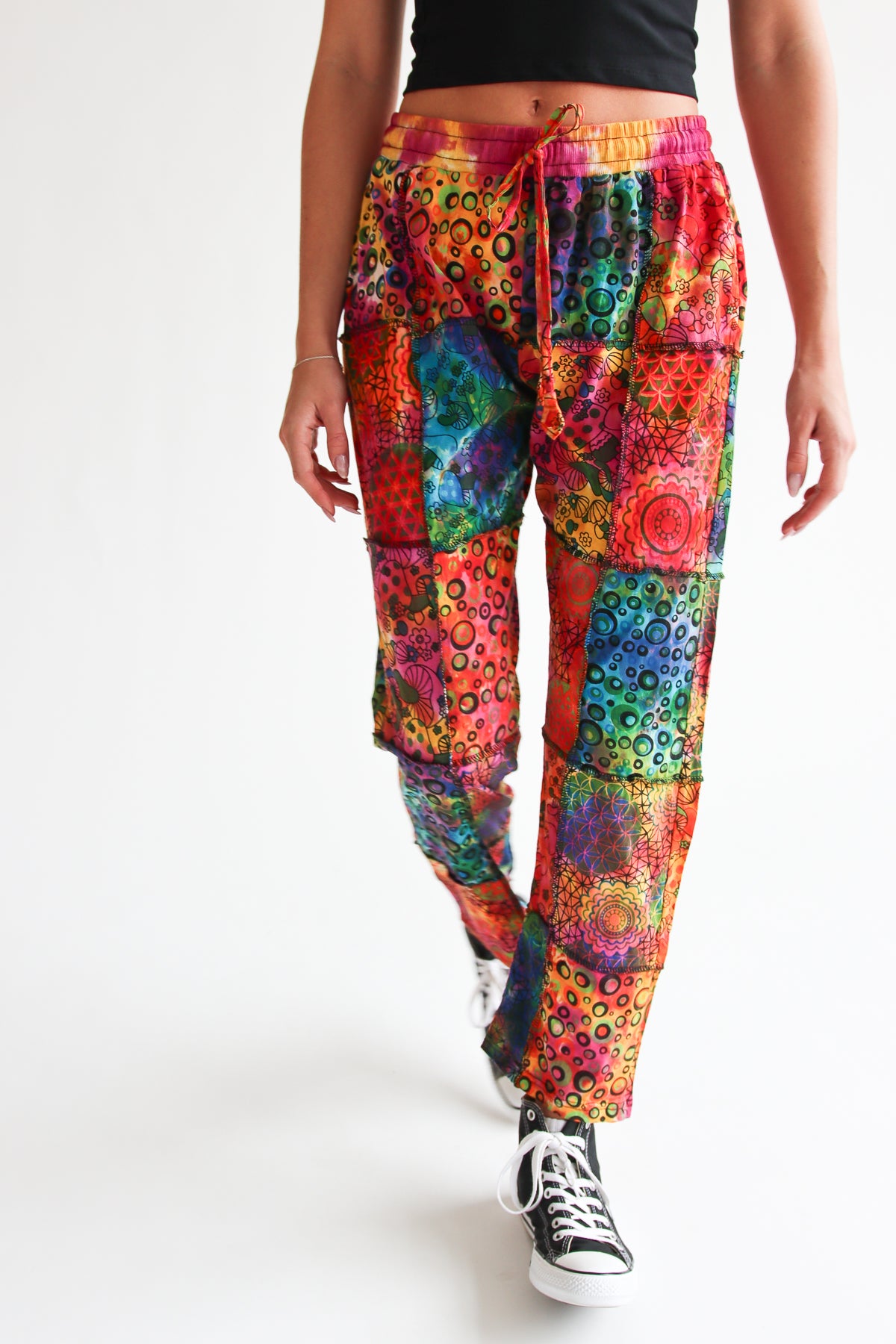 Tie Dye Patchwork Mushroom Print Tie Waist Pants