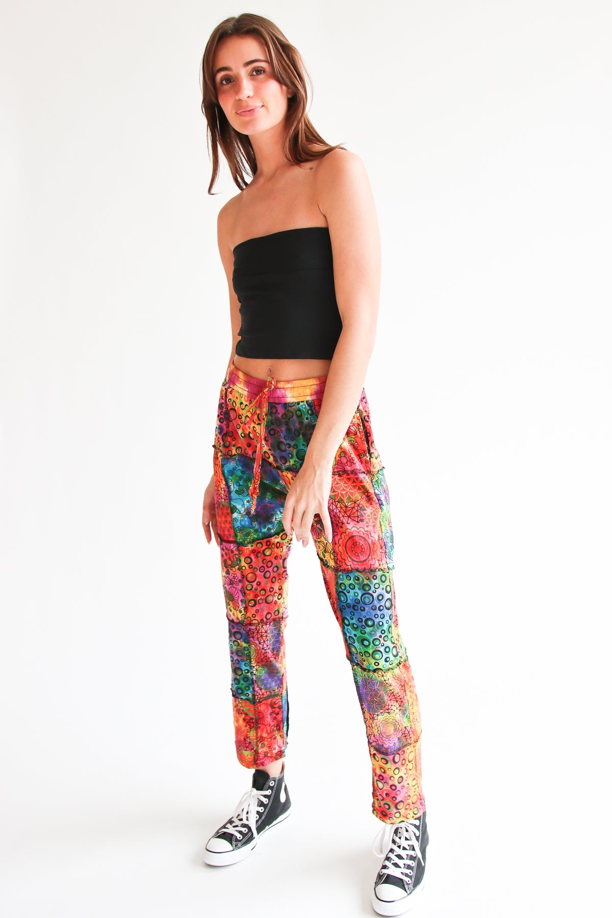 Tie Dye Patchwork Mushroom Print Tie Waist Pants