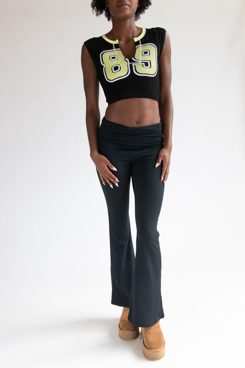 Fold Over Fleece Lined Flare Leggings Black