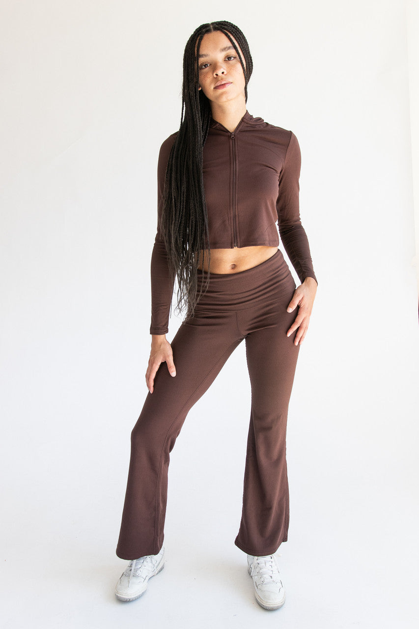 Fold Over Fleece Lined Flare Leggings Brown